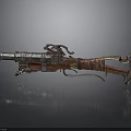 Intricate Vintage Mechanical Firearm With Metal Wooden Structure And Leather Straps