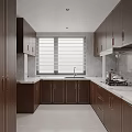 Modern Kitchen Interior With Dark Brown Cabinets White Countertop Gray Tiled Backsplash And Appliances