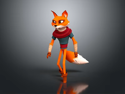 Anthropomorphic Fox 3D Character With Red Scarf Blue Shirt Bandaged Arms Standing Pose 3d model