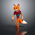 Anthropomorphic Fox 3D Character With Red Scarf Blue Shirt Bandaged Arms Standing Pose