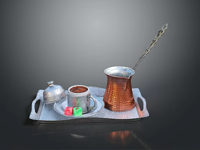 Traditional Turkish Coffee Serving Set With Copper Pot Covered Cup Sugar Cubes And Long Spoon 3d model