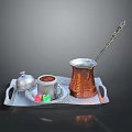 Traditional Turkish Coffee Serving Set With Copper Pot Covered Cup Sugar Cubes And Long Spoon
