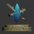 Floating Blue Crystal With Ornate Golden Arched Decorations On Decorative Base