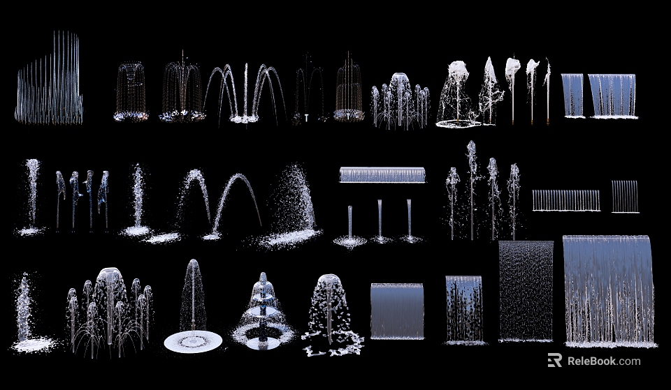 Various Decorative Fountain Designs With Different Water Spray Patterns and Styles 3d model 