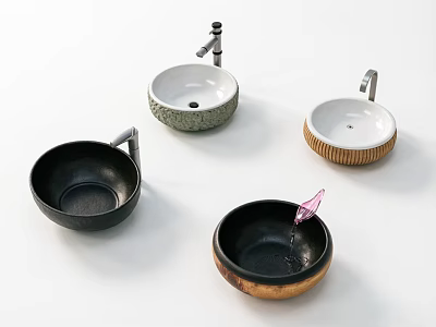 Unique Round Washbasins with Various Textured Edges and Modern Faucets 3d model