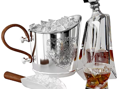Elegant Silver Tableware Set With Ice Bucket Wooden Handle Scoop Whiskey Glass And Engraved Pattern 3d model