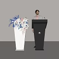 Black Huawei Logo Podium With Person And White Apple Logo Vase With Flowers