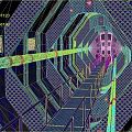 Modern Elevator Aisle With Blue Railings Metal Pipes And Geometric Patterned Walls