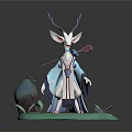 Mythical White Animal With Purple Antlers Blue Robe On Green Base Holding Staff