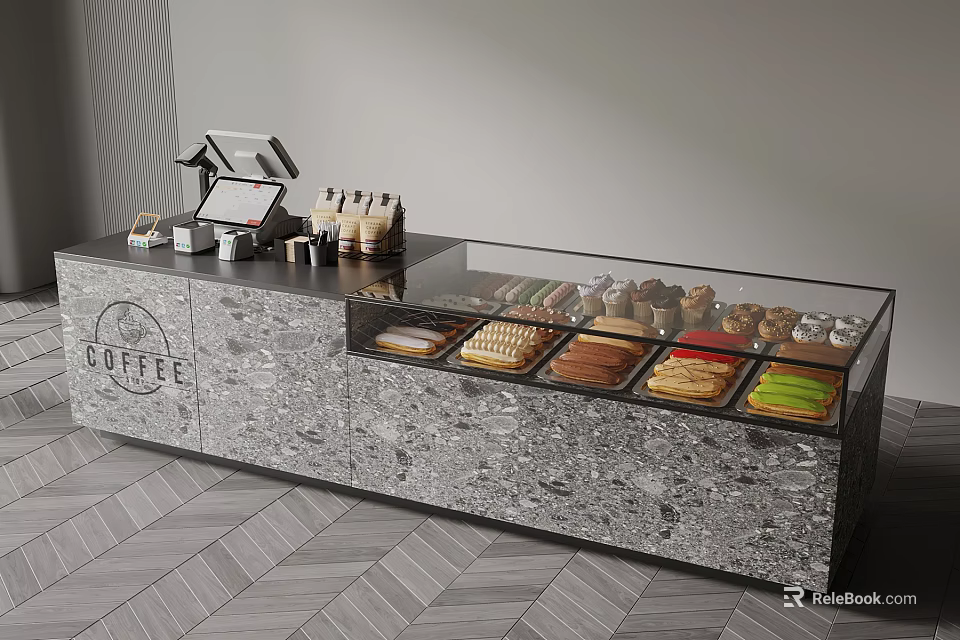 Modern Coffee Shop Service Counter With Marble Top Glass Display Case And Pastries 3d model 