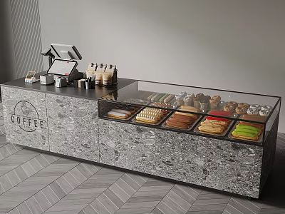 Modern Coffee Shop Service Counter With Marble Top Glass Display Case And Pastries 3d model