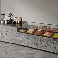 Modern Coffee Shop Service Counter With Marble Top Glass Display Case And Pastries