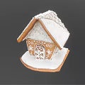 Cartoon Gingerbread House With White Frosting Roof And Snowflake Decorations On Wooden Base
