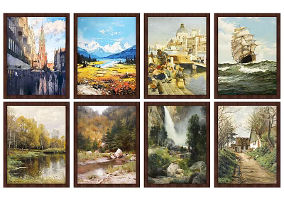Various Landscape Paintings With Urban Mountain Port Sea Forest Stream Waterfall And Country Scenes 3d model
