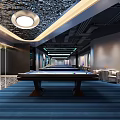 Elegant Billiard Room With Two Tables Blue Striped Carpet And Golden Bar Counter