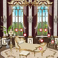 Ornate Luxurious Interior With Marble Columns Large Window Chandeliers And Curtains
