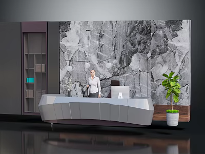 Modern Office Reception Desk Furniture With Marble Background Wall And Green Plant 3d model