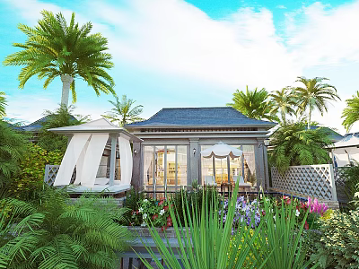 Tropical Garden Landscape With Cottage Lush Greenery Colorful Flowers Wooden Structure And Canopy 3d model