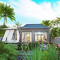 Tropical Garden Landscape With Cottage Lush Greenery Colorful Flowers Wooden Structure And Canopy