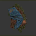 Blue Textured Cloth With Brown Container And Green Plants On Furry Base