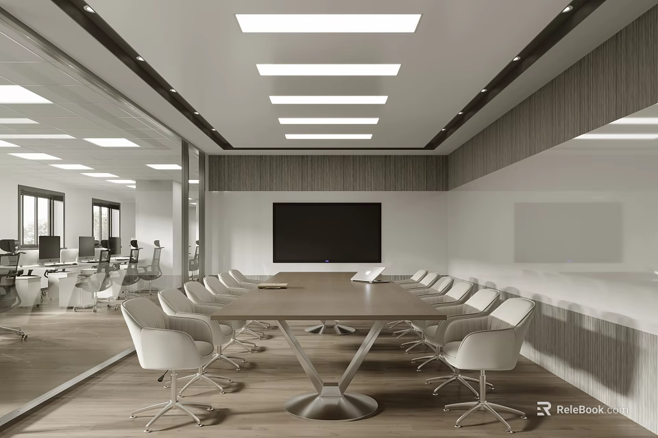 Modern Conference Room With Long Wooden Table White Ergonomic Chairs And Wall Mounted Screen 3d model 