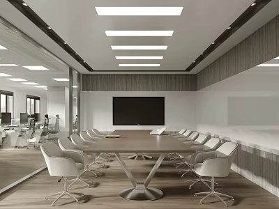 Modern Conference Room With Long Wooden Table White Ergonomic Chairs And Wall Mounted Screen 3d model