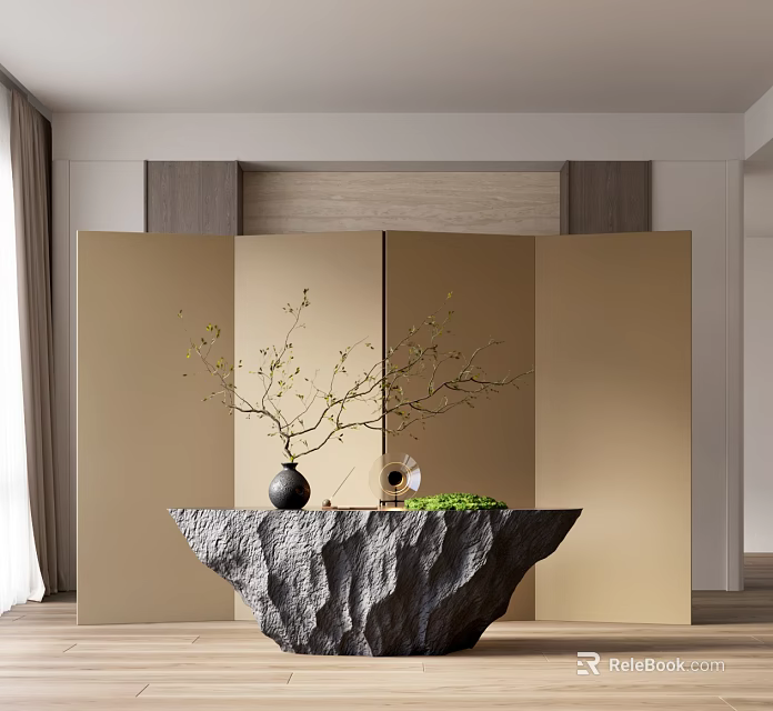 Elegant Modern Console Table With Rock Texture Top Black Vase Green Branches Light Gold Screen 3d model