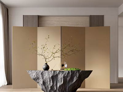 Elegant Modern Console Table With Rock Texture Top Black Vase Green Branches Light Gold Screen 3d model