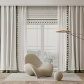 White Curtains with Green Pom Pom Trim and Modern Chair by Window with Floor Lamp