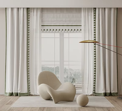 White Curtains with Green Pom Pom Trim and Modern Chair by Window with Floor Lamp 3d model
