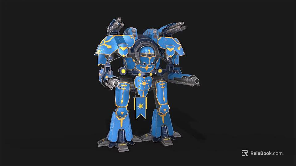 Futuristic Blue Intelligent Machine Featuring Yellow Accents And Mech Style Weapons Design 3d model 