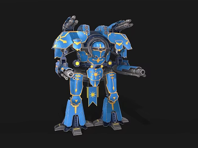 Futuristic Blue Intelligent Machine Featuring Yellow Accents And Mech Style Weapons Design 3d model