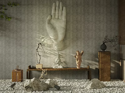 Serene Interior Landscape Featuring Large White Palm Sculpture Gray Wall Wooden Bench Pebble Floor 3d model