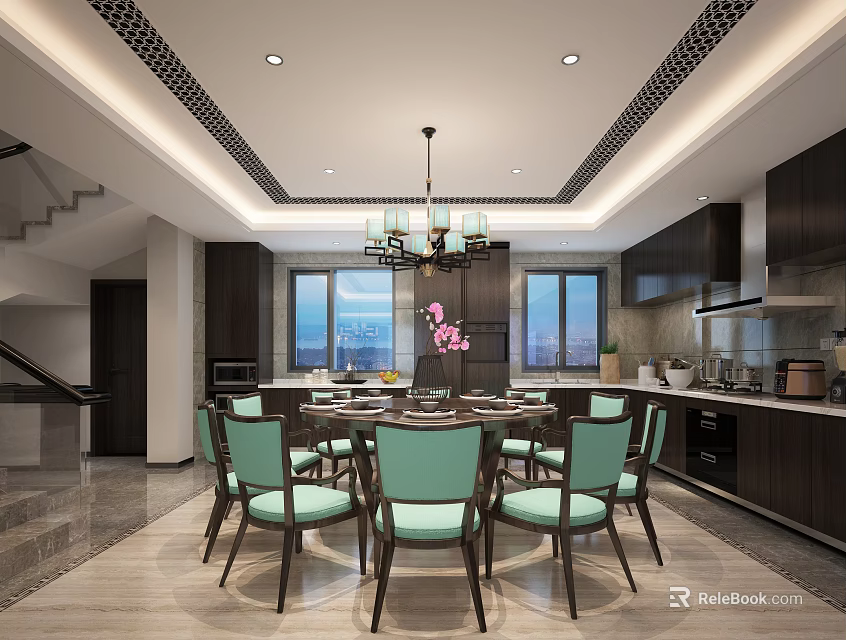 Elegant Restaurant With Round Table Green Chairs Chandelier Open Kitchen And City View Windows 3d model 