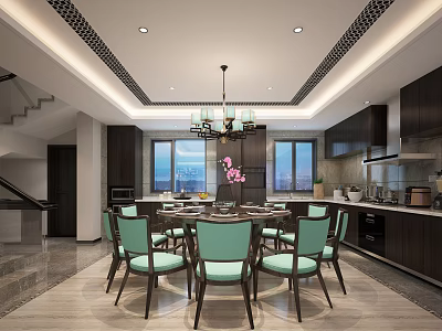 Elegant Restaurant With Round Table Green Chairs Chandelier Open Kitchen And City View Windows 3d model