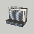 Modern Commercial Building with Multi Storey Large Glass Windows Unique Roof Design Against Blue Sky
