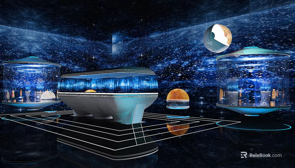 Futuristic Cosmic Space Station With Illuminated Domes Planets And Reflective Floors 3d model 