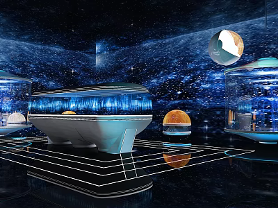 Futuristic Cosmic Space Station With Illuminated Domes Planets And Reflective Floors 3d model