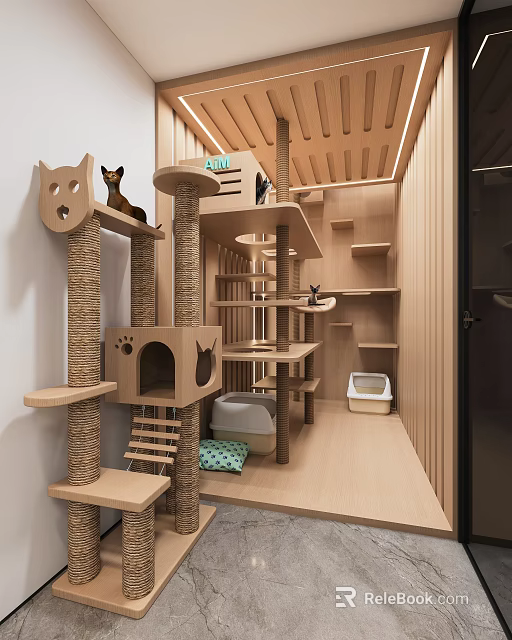 Wooden Cat Activity Center With Tree Platforms House Ladder And Litter Box 3d model 