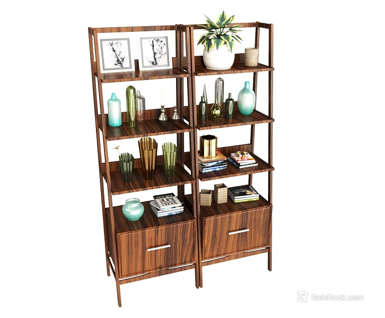 Wooden Storage Shelving Unit With Multiple Tiers Decorative Vases Books And Plants 3d model 