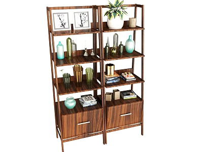 Wooden Storage Shelving Unit With Multiple Tiers Decorative Vases Books And Plants 3d model