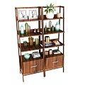 Wooden Storage Shelving Unit With Multiple Tiers Decorative Vases Books And Plants