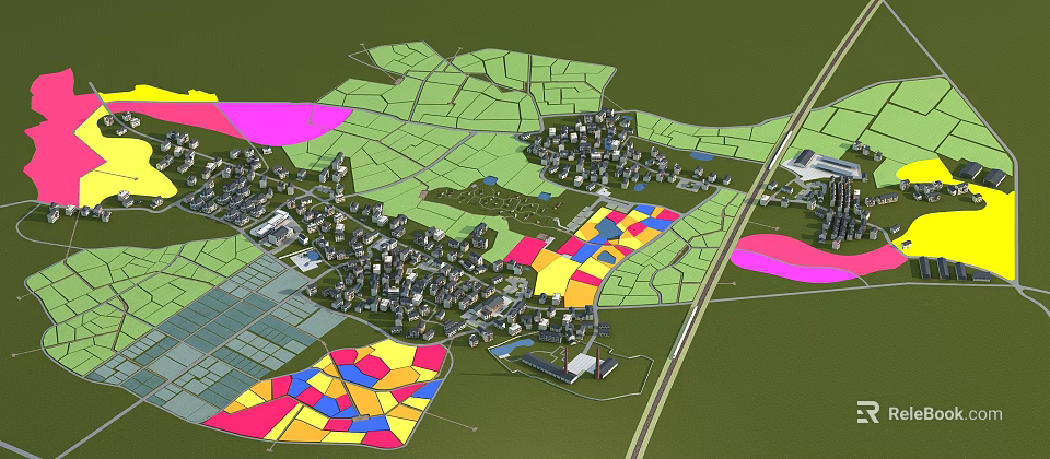 Aerial Planning of Regional Development with Green Areas Colorful Zones Buildings and Roads Layout 3d model 