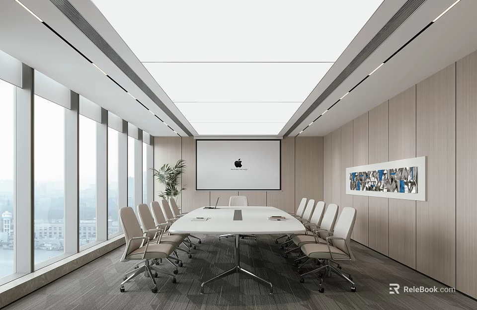 Modern Conference Room Interior With Large Windows Projection Screen White Chairs And Potted Plant 3d model 