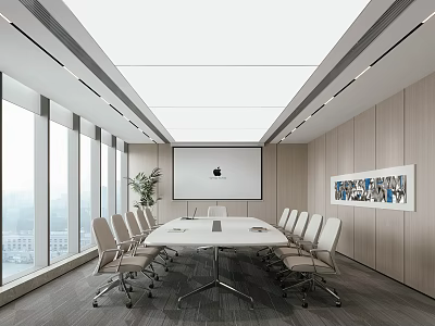 Modern Conference Room Interior With Large Windows Projection Screen White Chairs And Potted Plant 3d model