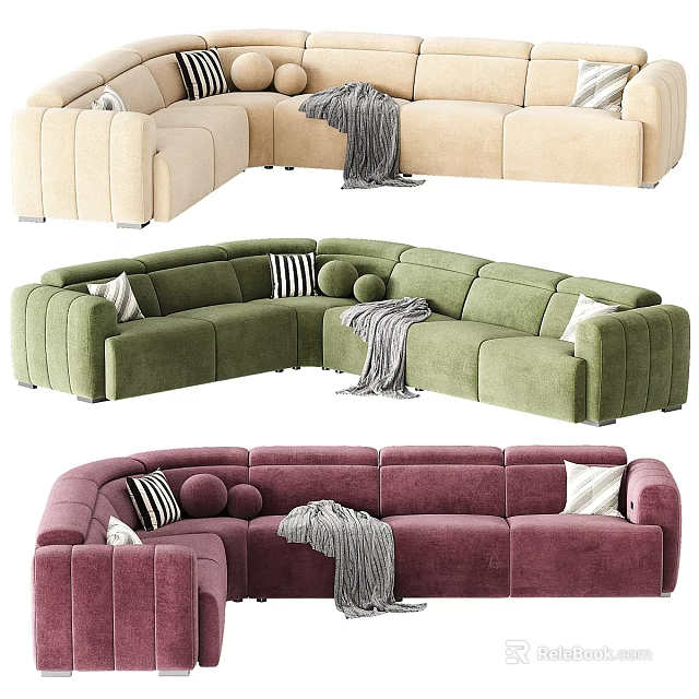 Stylish Velvet Sectional Sofas In Beige Green Purple With Pillows And Blankets 3d model 