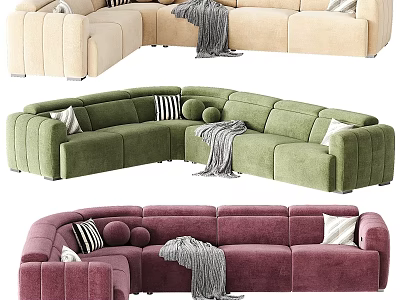 Stylish Velvet Sectional Sofas In Beige Green Purple With Pillows And Blankets 3d model