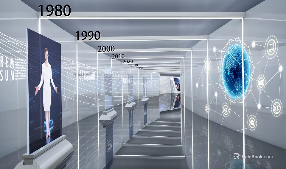 Timeline Corridor From 1980 to 2020 With Display Screens Exhibition Stands Globe And Data Elements 3d model 