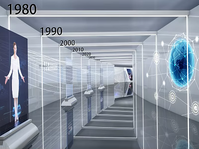 Timeline Corridor From 1980 to 2020 With Display Screens Exhibition Stands Globe And Data Elements 3d model