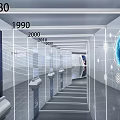 Timeline Corridor From 1980 to 2020 With Display Screens Exhibition Stands Globe And Data Elements